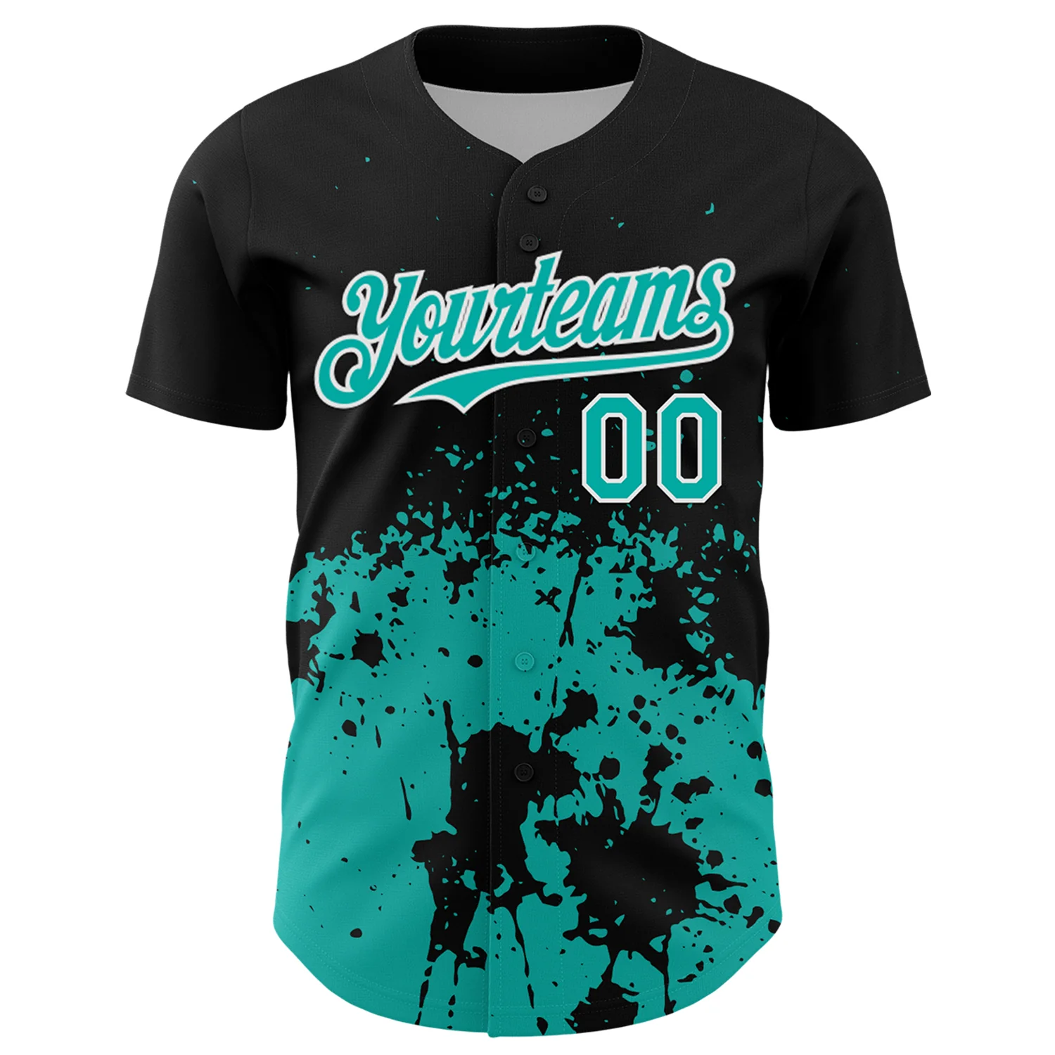Custom Black Aqua-White Abstract Splatter Grunge Authentic Baseball Jersey - Image 2
