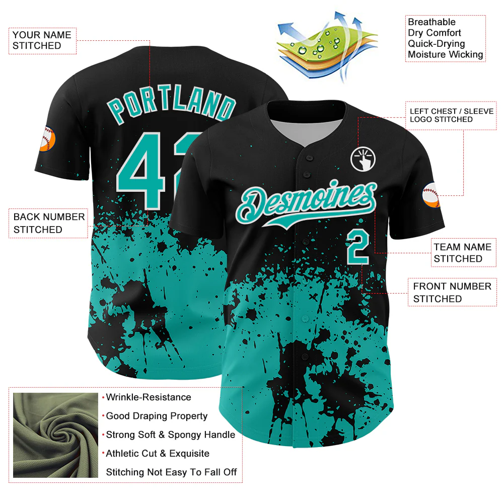 Custom Black Aqua-White Abstract Splatter Grunge Authentic Baseball Jersey - Image 3