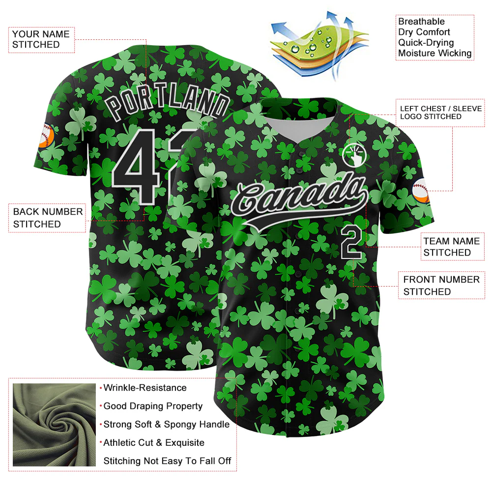 Custom Black White 3D St. Patrick's Day Shamrock Authentic Baseball Jersey - Image 3