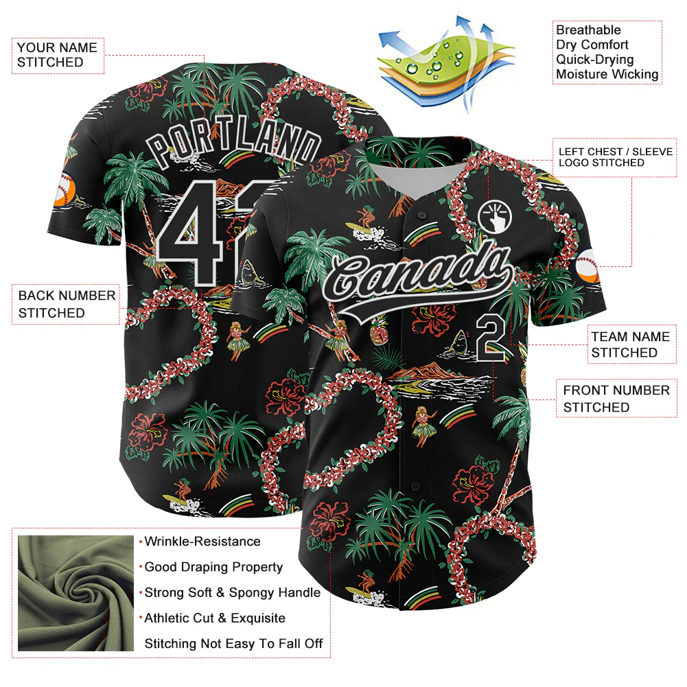 Custom Black White 3D Hawaii Island Tropical Palm Tree And Flower Authentic Baseball Jersey - Image 3