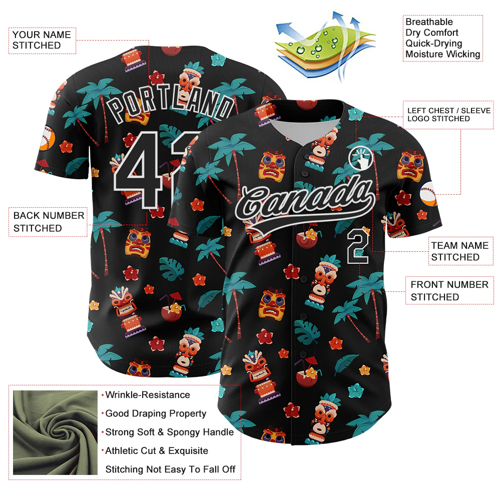 Custom Black White 3D Hawaii Tropical Palm Tree Flower And Tiki Mask Authentic Baseball Jersey - Image 3