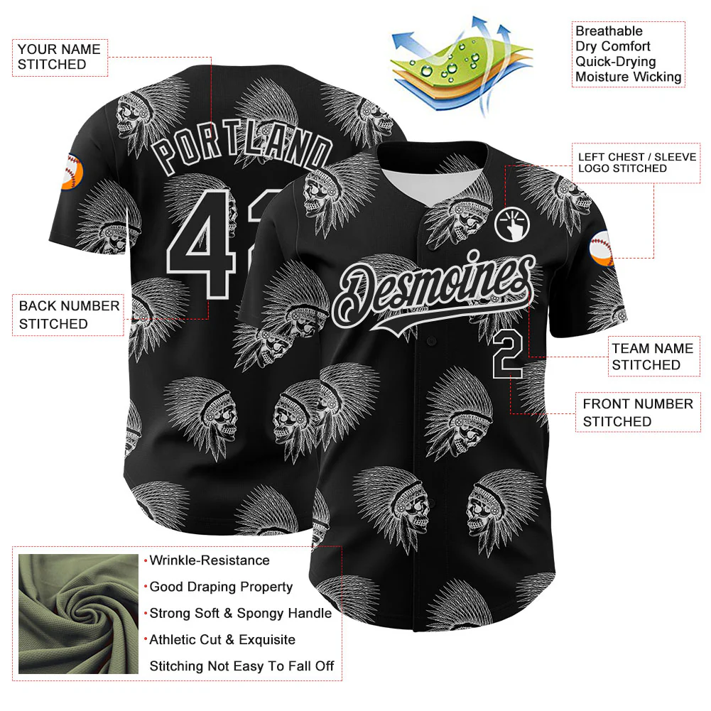 Custom Black White 3D Apache Skull Authentic Baseball Jersey - Image 3