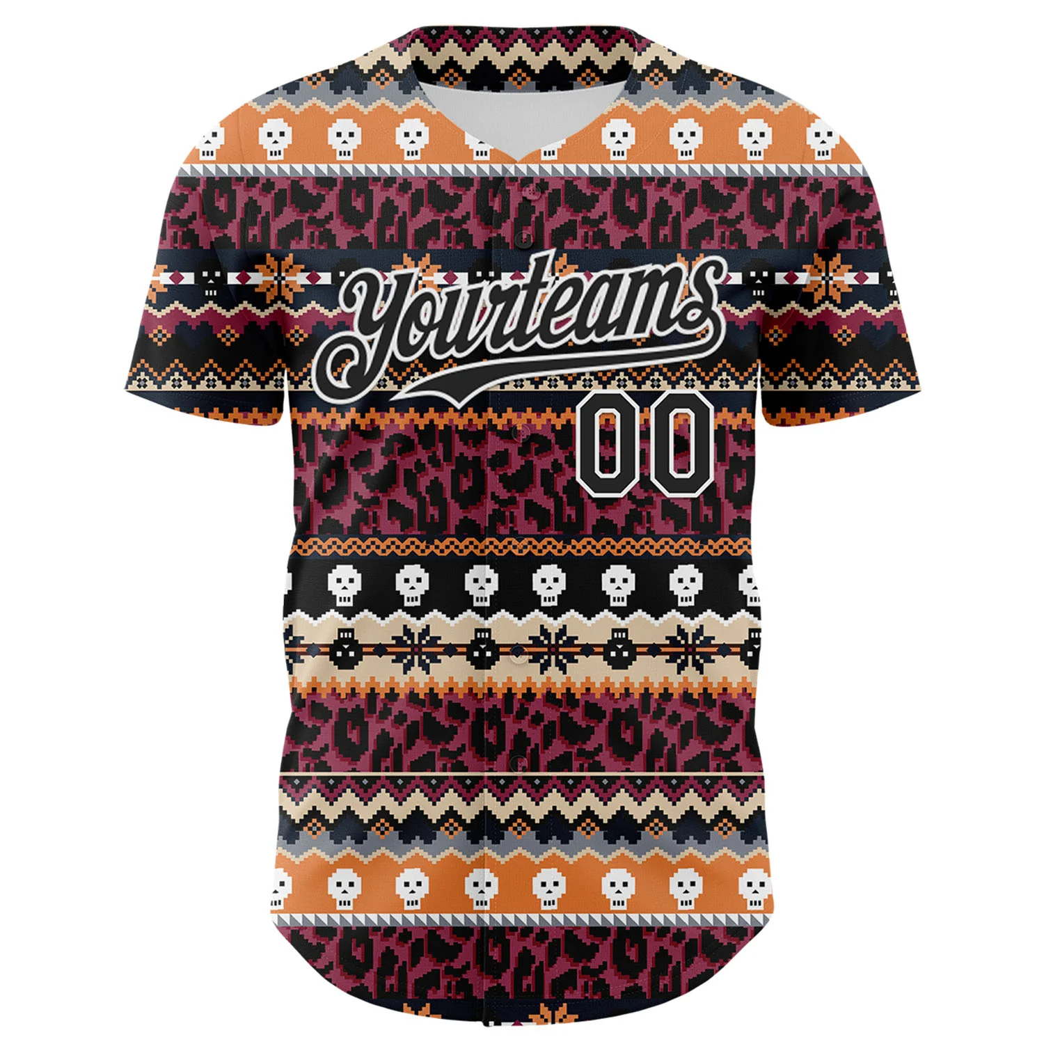 Custom Black White 3D Skull And Leopard Print Authentic Baseball Jersey - Image 2