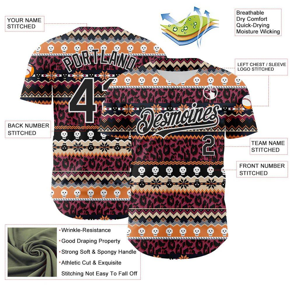 Custom Black White 3D Skull And Leopard Print Authentic Baseball Jersey - Image 3