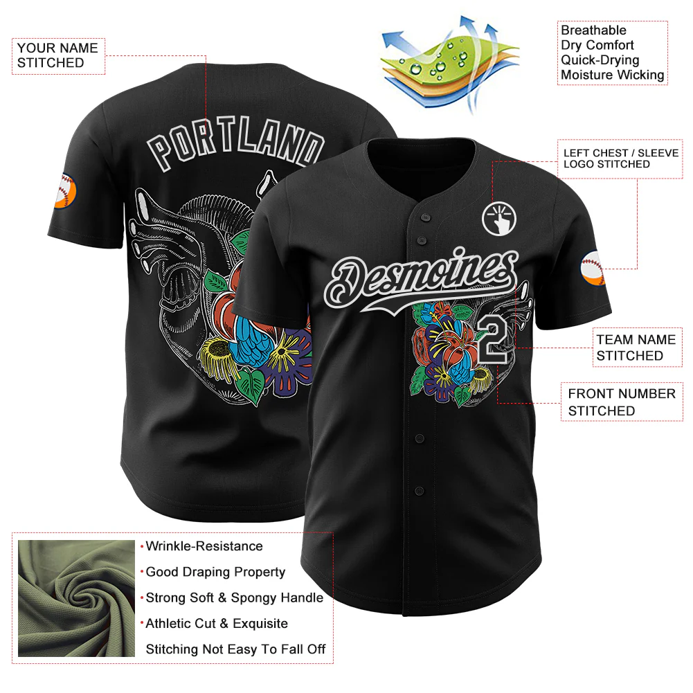 Custom Black Black-White 3D Tobe Fonseca Flower Spring Heart Vintage Comics Authentic Baseball Jersey - Image 3