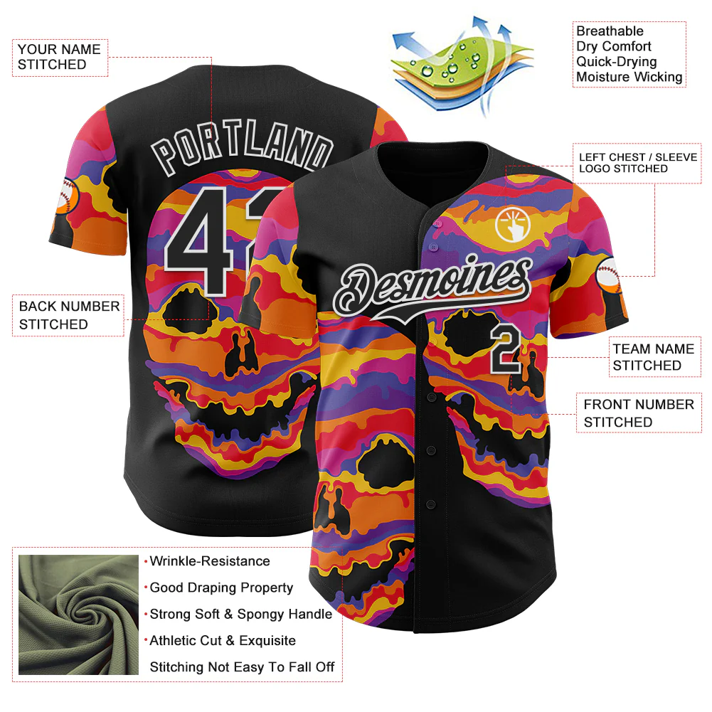 Custom Black Black-White 3D Tobe Fonseca Melting Inside Skull Authentic Baseball Jersey - Image 3