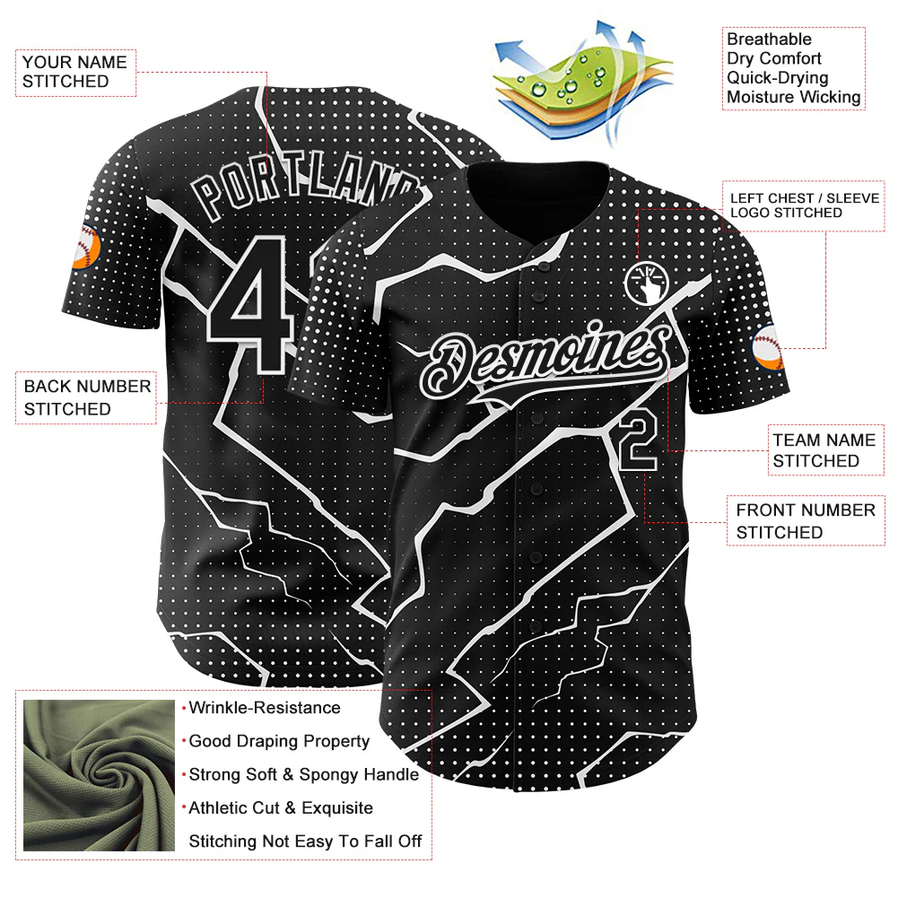 Custom Black White Lightning Polka Dot Authentic Baseball Jersey - Image 3