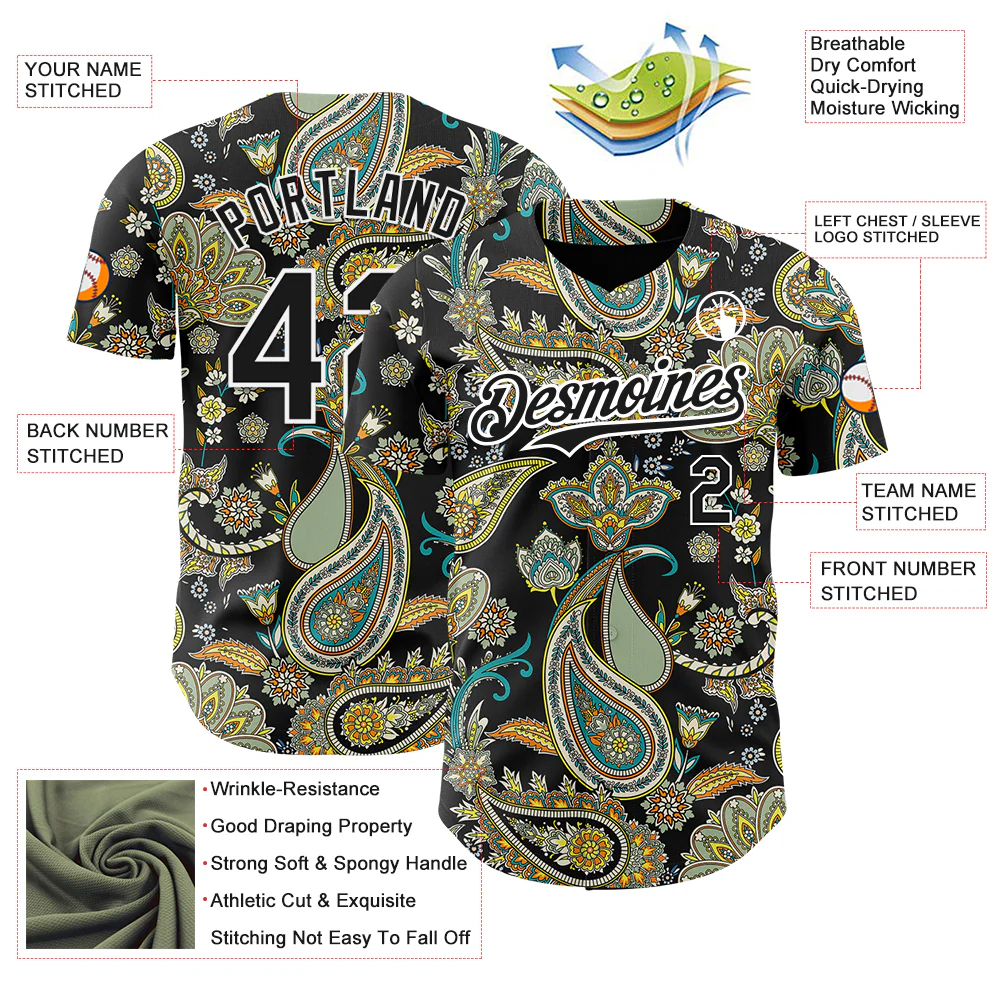 Custom Black White Rave Party Ethnic Paisley Bandana Authentic Baseball Jersey - Image 3