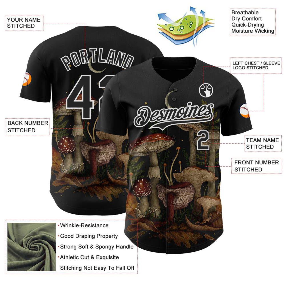 Custom Black White Episodic Drawing Autumn Mushrooms Authentic Baseball Jersey - Image 3