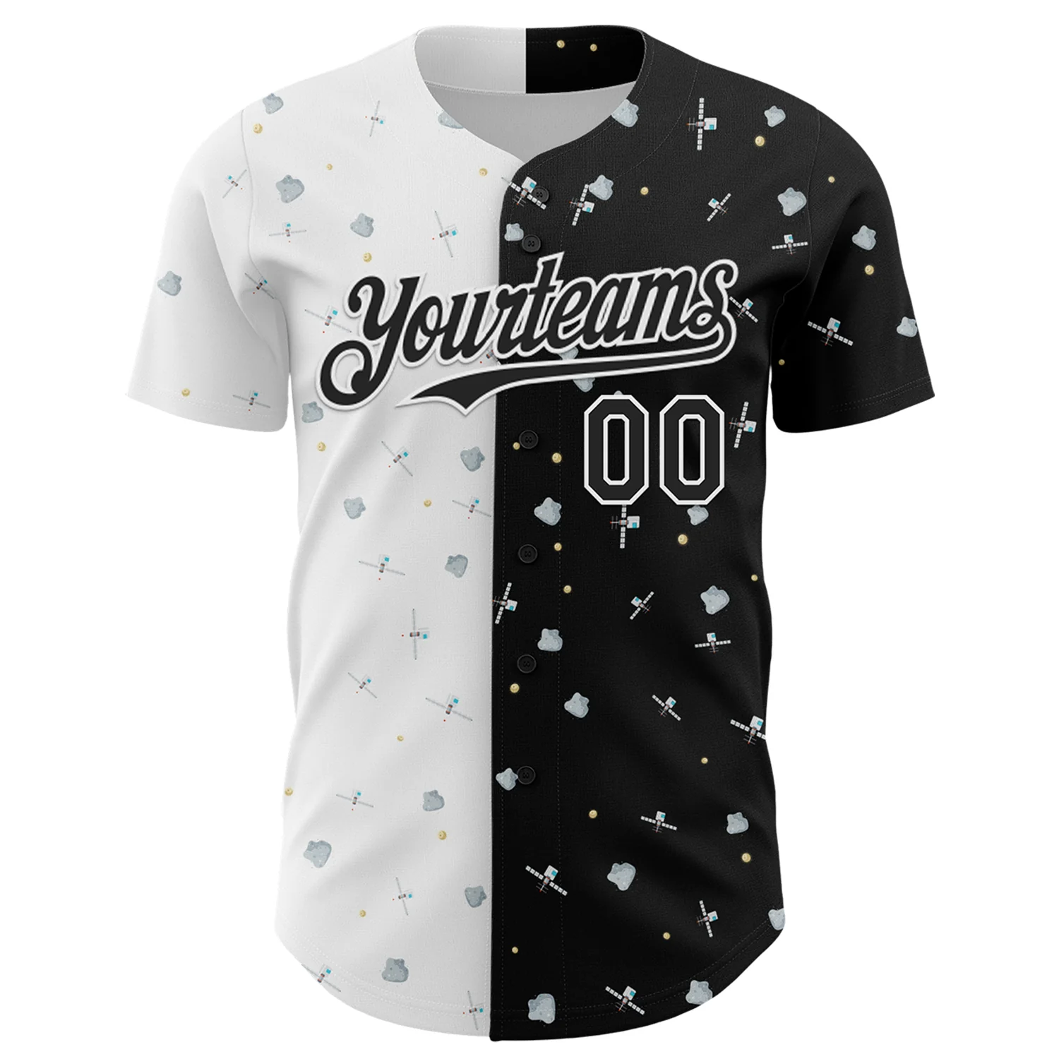 Custom Black White 3D Pattern Design Space Satellite Authentic Baseball Jersey - Image 2