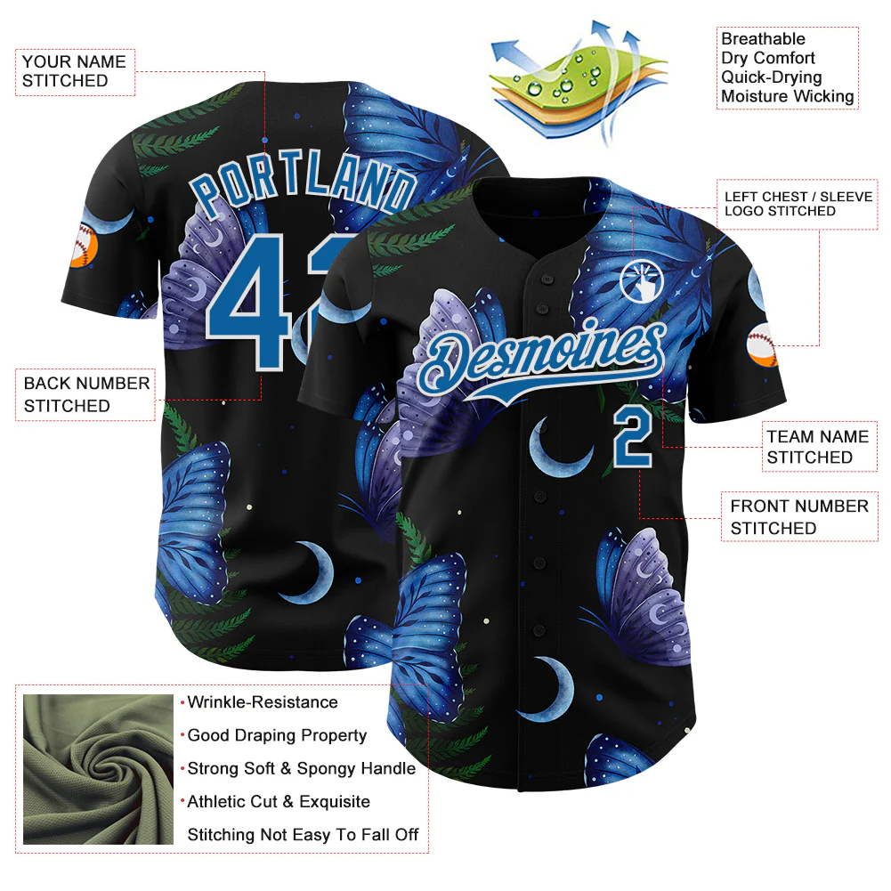 Custom Black Blue-White Episodic Drawing Blue Morpho Butterfly Authentic Baseball Jersey - Image 3