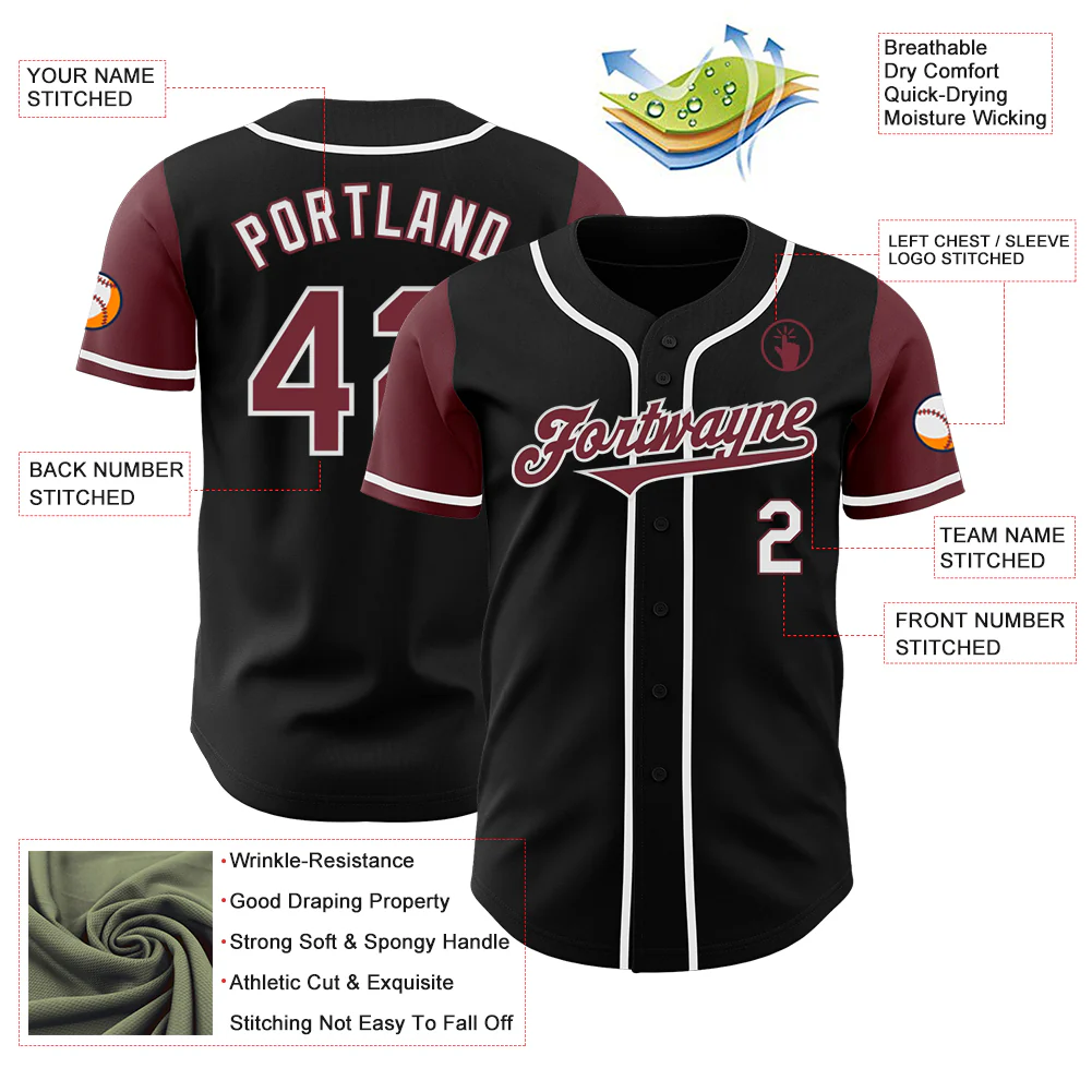 Custom Black Burgundy-White Authentic Two Tone Baseball Jersey - Image 3