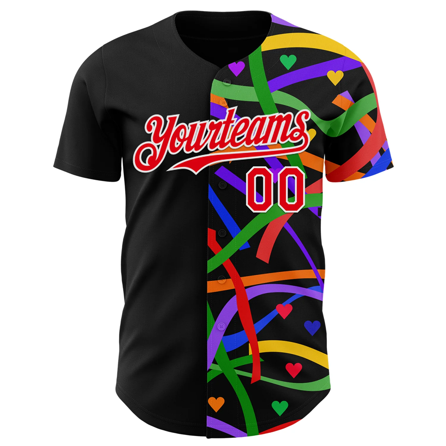 Custom Black Fire Red-White Valentine's Day Love Heart Pride Month Love Is Love Authentic Baseball Jersey - Image 2