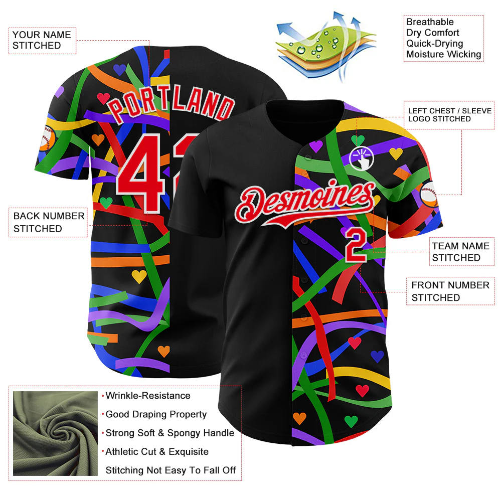 Custom Black Fire Red-White Valentine's Day Love Heart Pride Month Love Is Love Authentic Baseball Jersey - Image 3