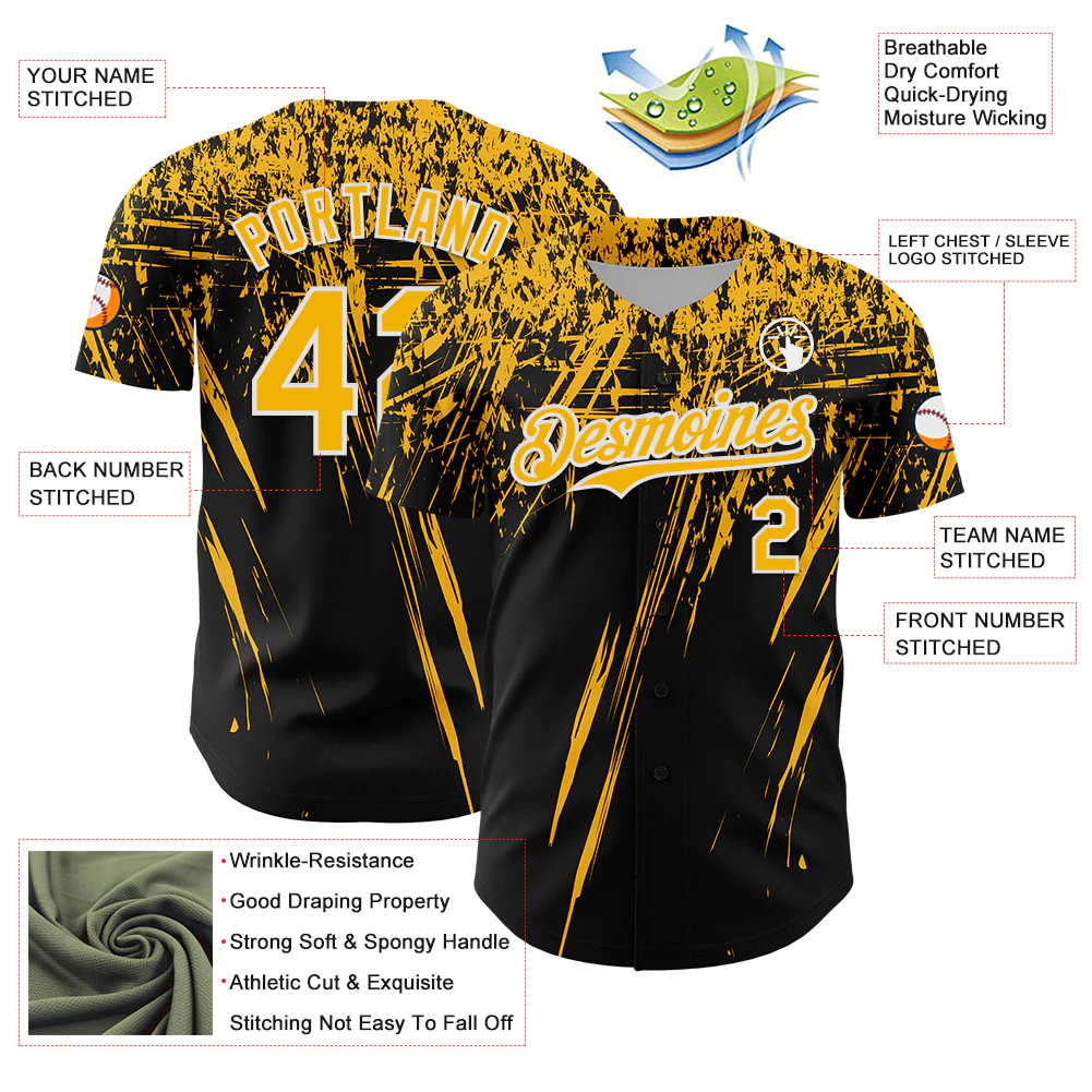 Custom Black Gold-White Distressed Scratch Brush Stroke Authentic Baseball Jersey - Image 3