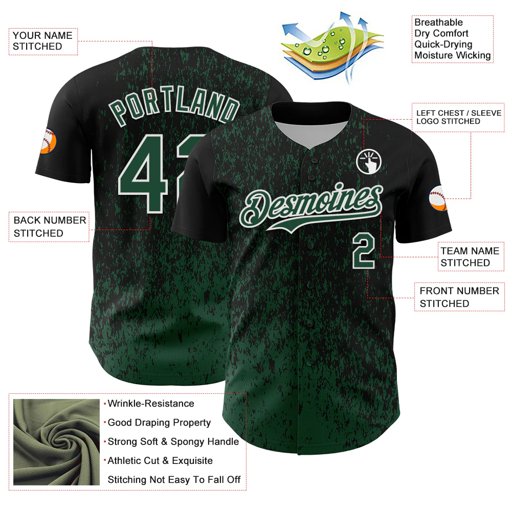Custom Black Green-White Abstract Fragment Splatter Authentic Baseball Jersey - Image 3