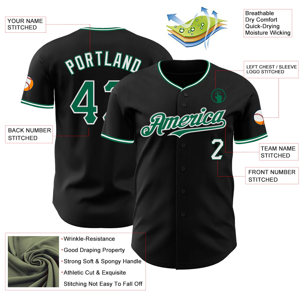 Custom Black Kelly Green-White Authentic Baseball Jersey - Image 3