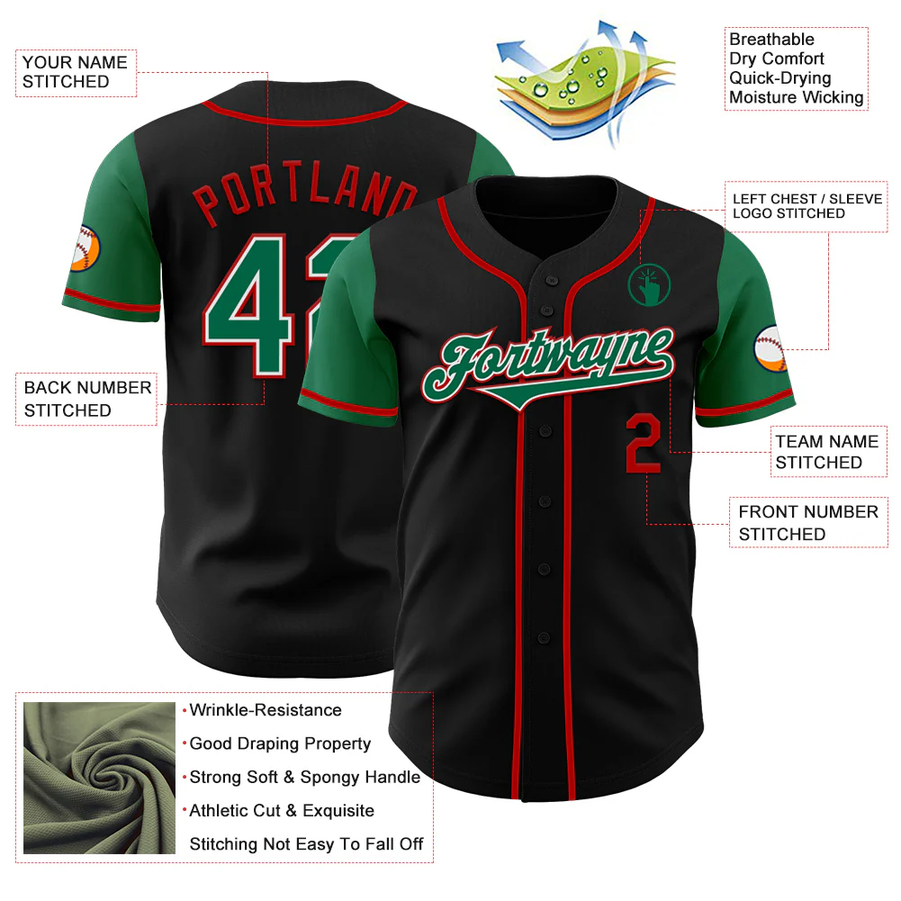 Custom Black Kelly Green-Red Authentic Two Tone Baseball Jersey - Image 3