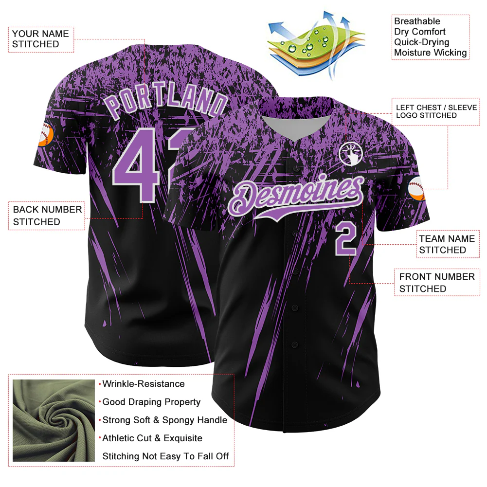 Custom Black Medium Purple-White Distressed Scratch Brush Stroke Authentic Baseball Jersey - Image 3