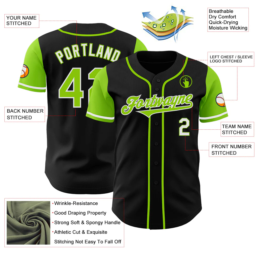 Custom Black Neon Green-White Authentic Two Tone Baseball Jersey - Image 3