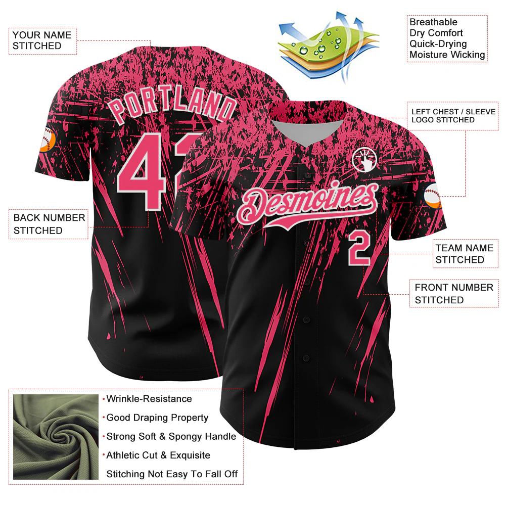 Custom Black Neon Pink-White Distressed Scratch Brush Stroke Authentic Baseball Jersey - Image 3