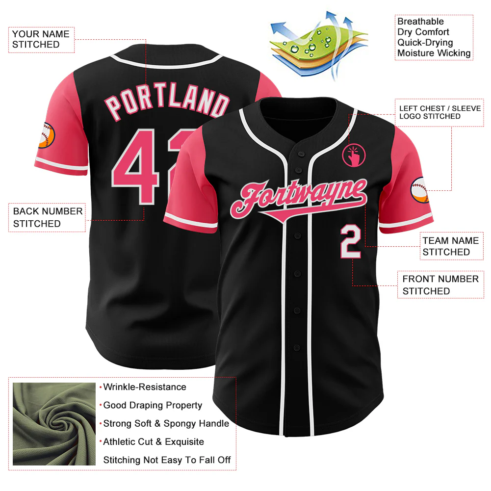 Custom Black Neon Pink-White Authentic Two Tone Baseball Jersey - Image 3