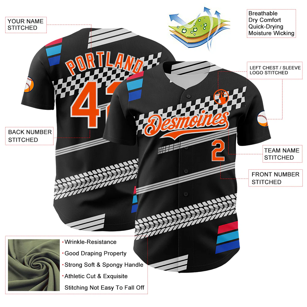 Custom Black Orange White-Blue Car Racing Formula Auto Motorsport Authentic Baseball Jersey - Image 3