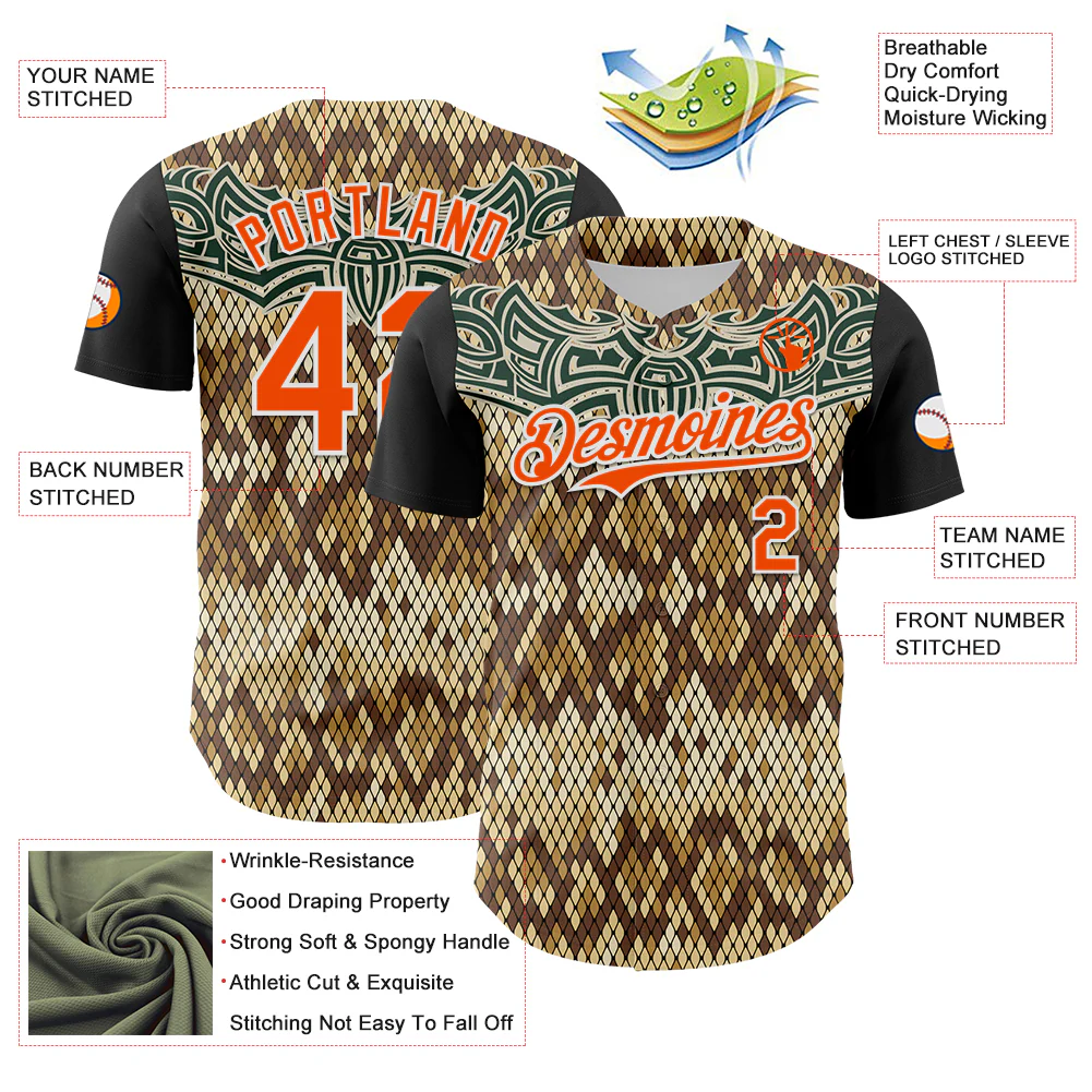 Custom Black Orange-White 3D Pattern Design Rave Party Animal Snake Python Print Authentic Baseball Jersey - Image 3