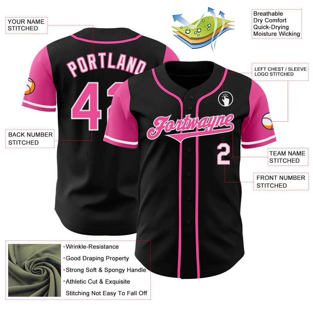 Custom Black Pink-White Authentic Two Tone Baseball Jersey - Image 3
