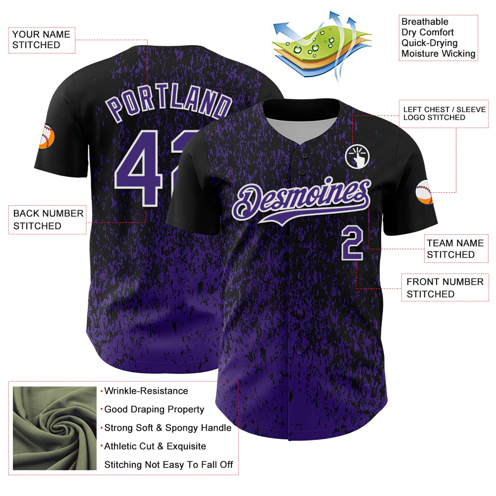 Custom Black Purple-White Abstract Fragment Splatter Authentic Baseball Jersey - Image 3