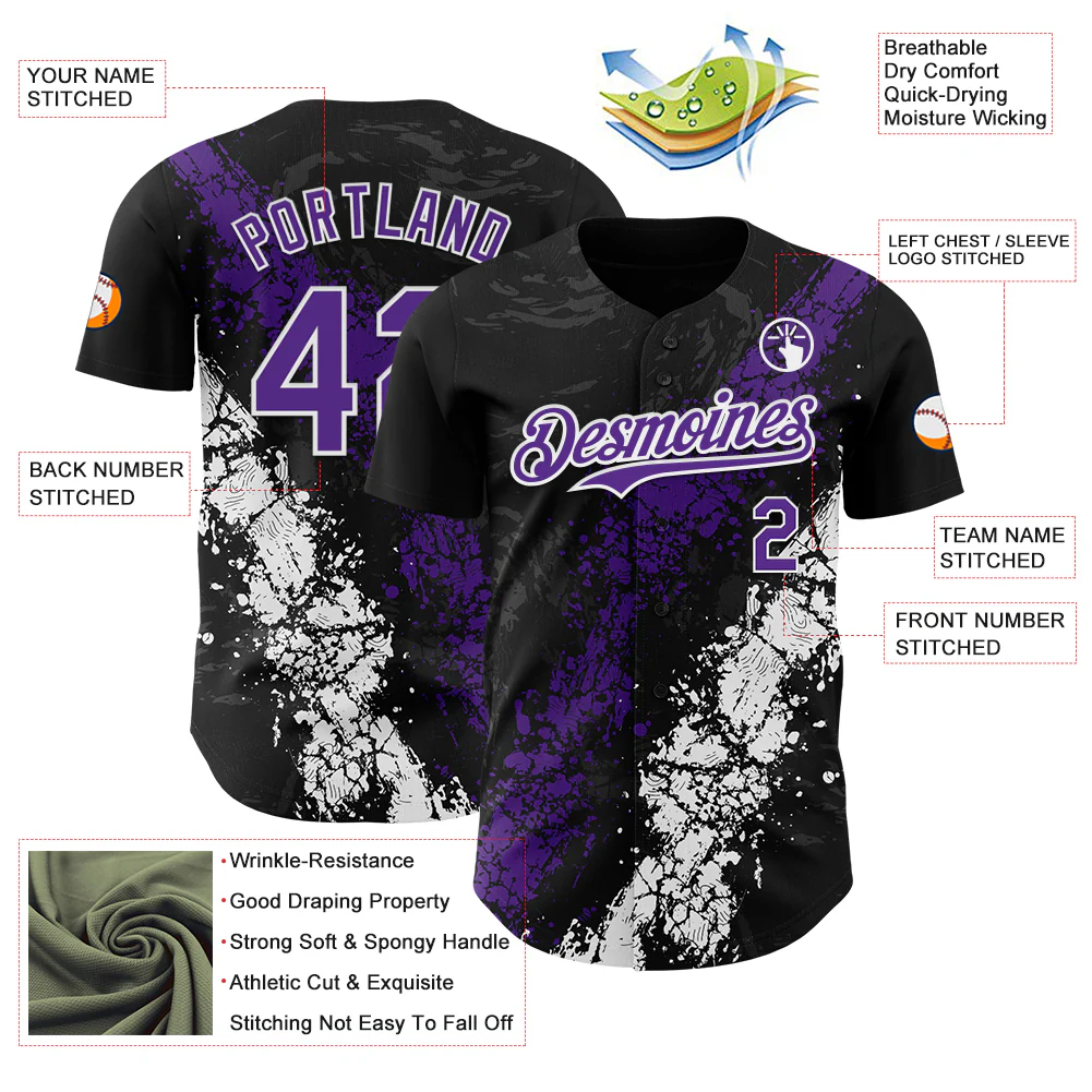 Custom Black Purple-White Splash Authentic Baseball Jersey - Image 3