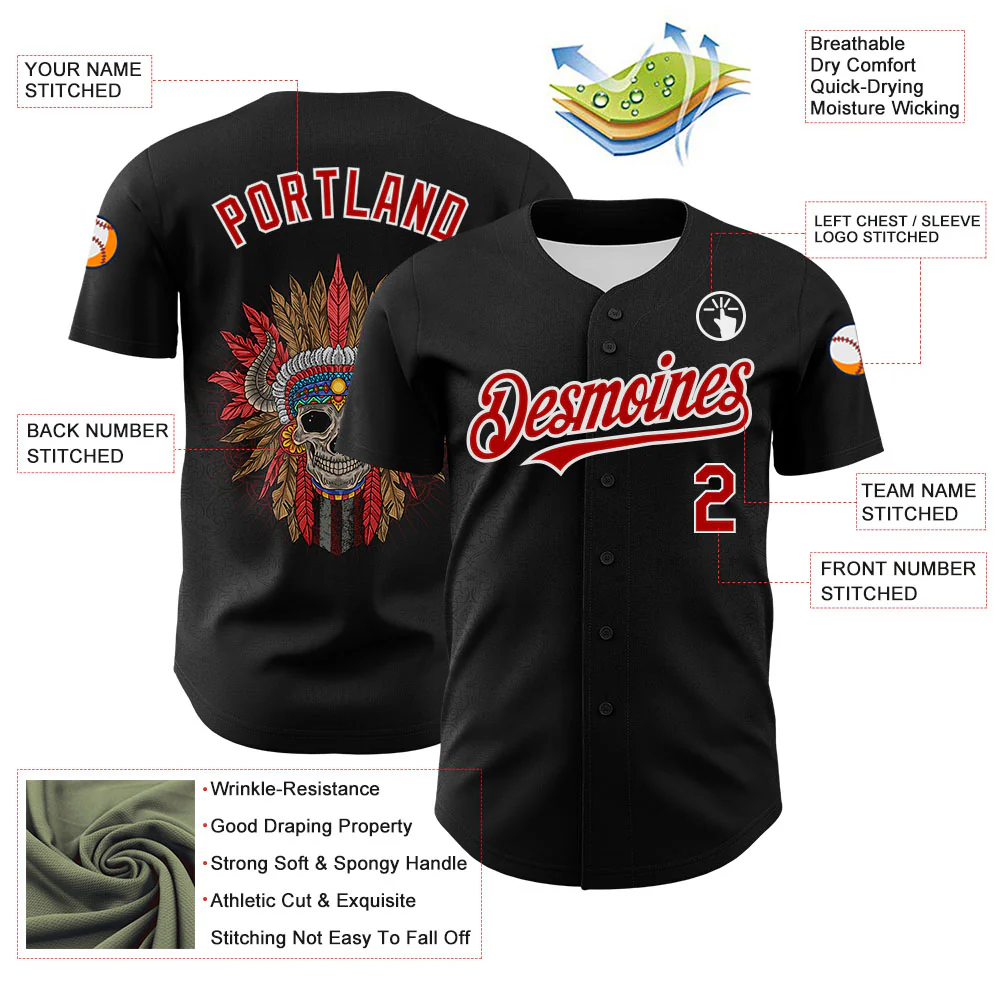 Custom Black Red-White 3D Apache Skull Authentic Baseball Jersey - Image 3