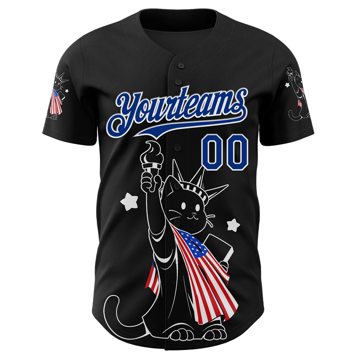 Custom Black Royal-White 3D Tobe Fonseca American Flag Liberty Statue Cat Authentic Baseball Jersey - Image 2