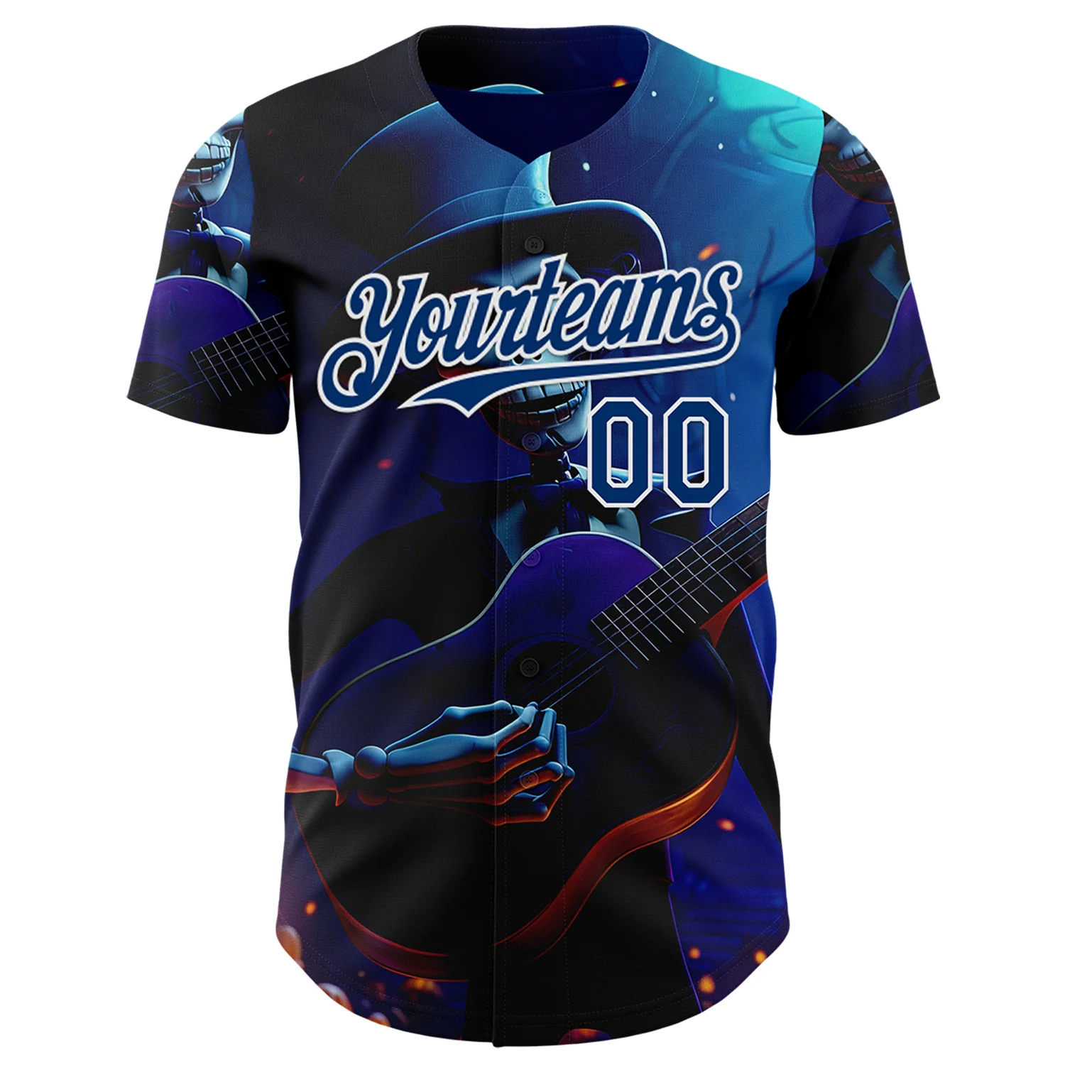 Custom Black US Navy Blue-White Sugar Skull Day of the Dead Mexican Folk Art Authentic Baseball Jersey - Image 2