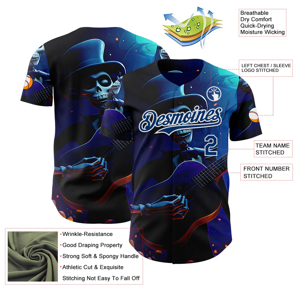 Custom Black US Navy Blue-White Sugar Skull Day of the Dead Mexican Folk Art Authentic Baseball Jersey - Image 3