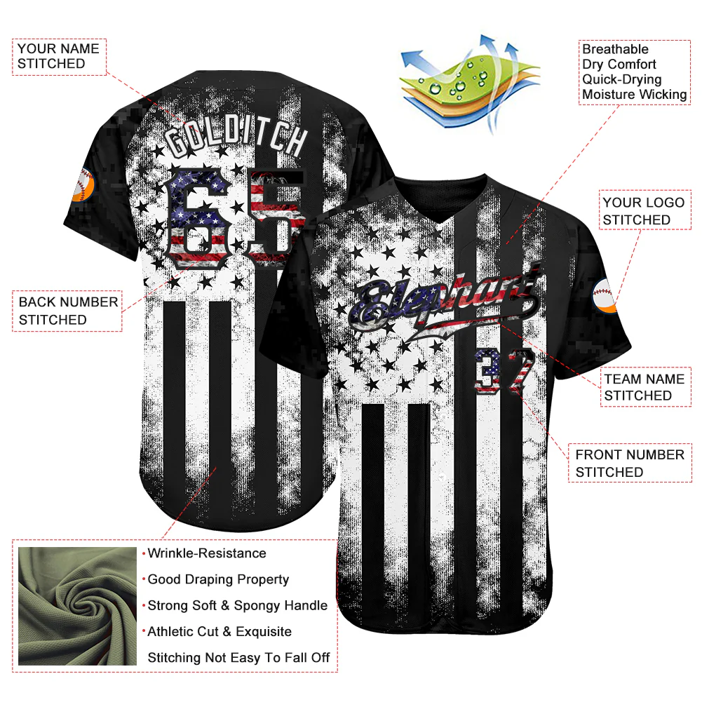 Custom Black USA Flag-White Patriotic Distressed Grunge Desert Camouflage Raglan Sleeves Authentic Baseball Jersey - Image 3