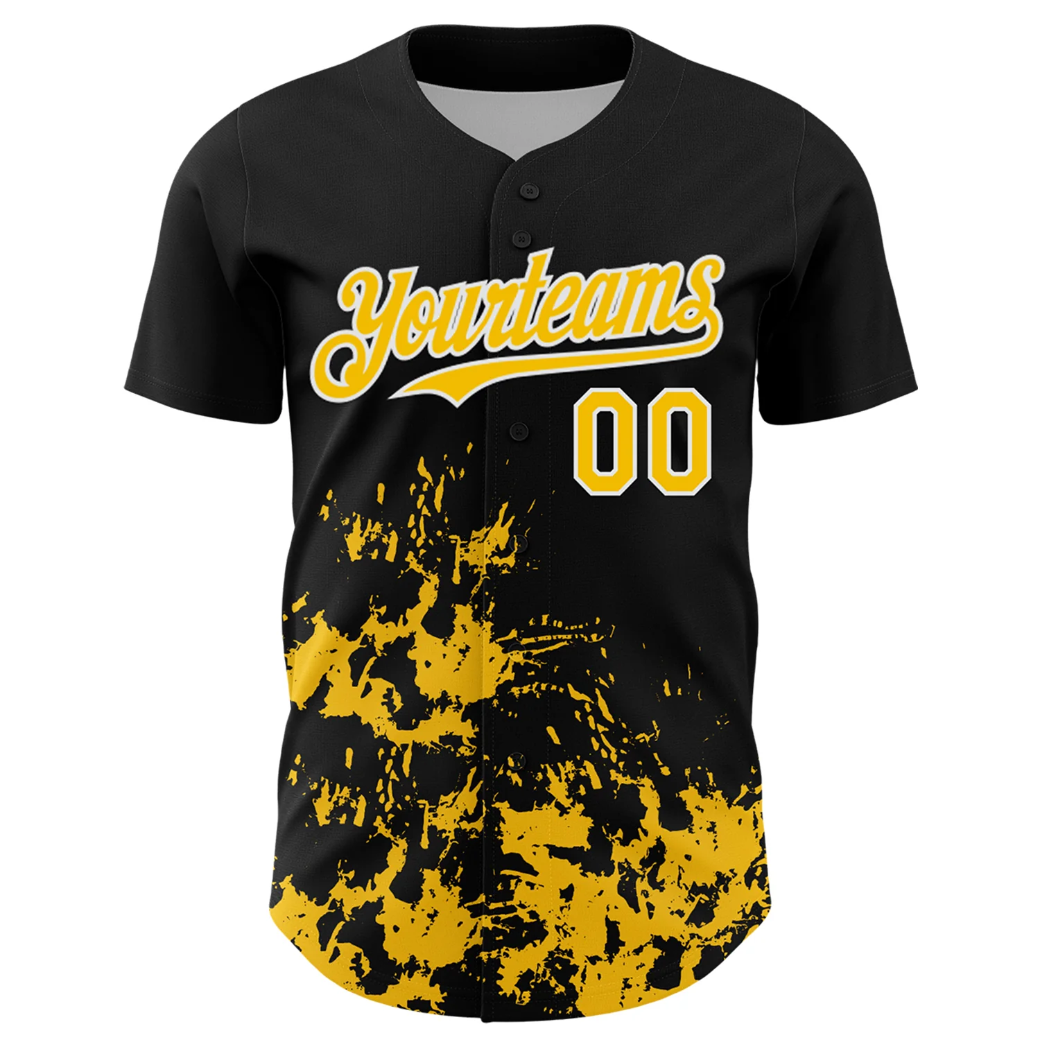 Custom Black Yellow-White Splatter Authentic Baseball Jersey - Image 2