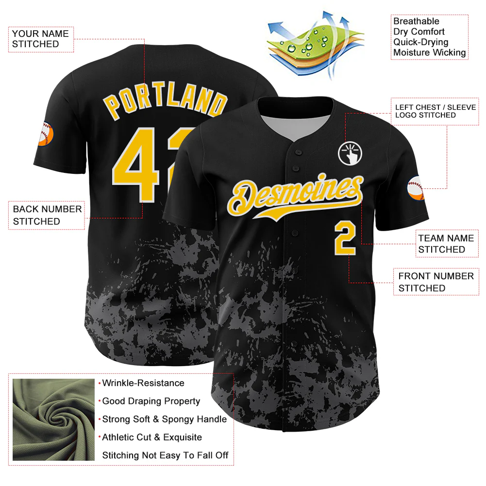 Custom Black Yellow White-Gray Splatter Authentic Baseball Jersey - Image 3