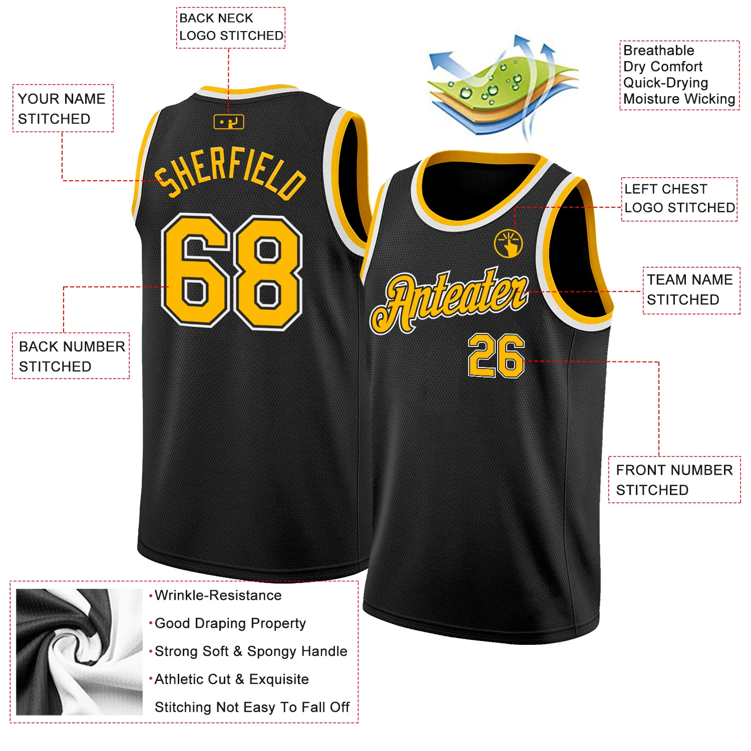 Custom Black Gold-White Authentic Basketball Jersey - Image 2