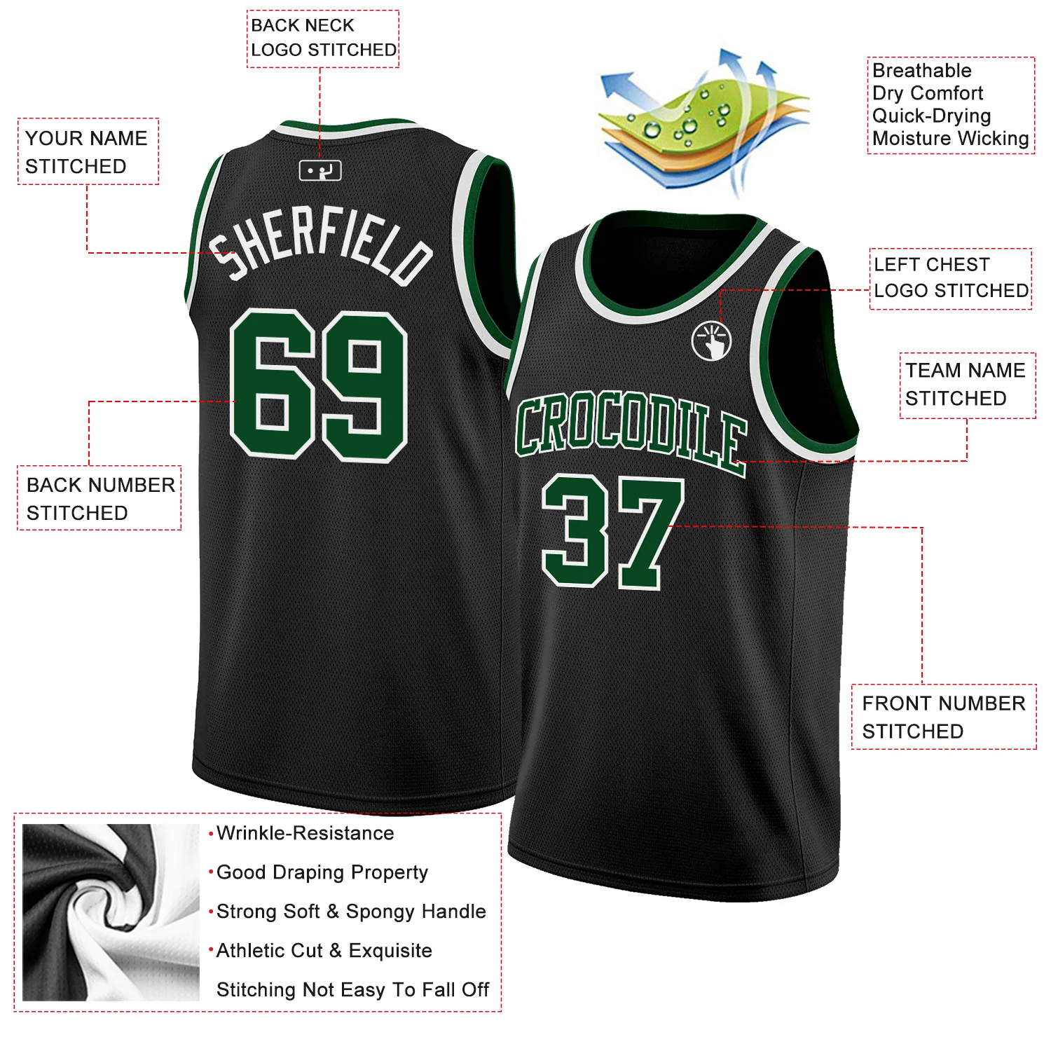 Custom Black Green-White Authentic Basketball Jersey - Image 2