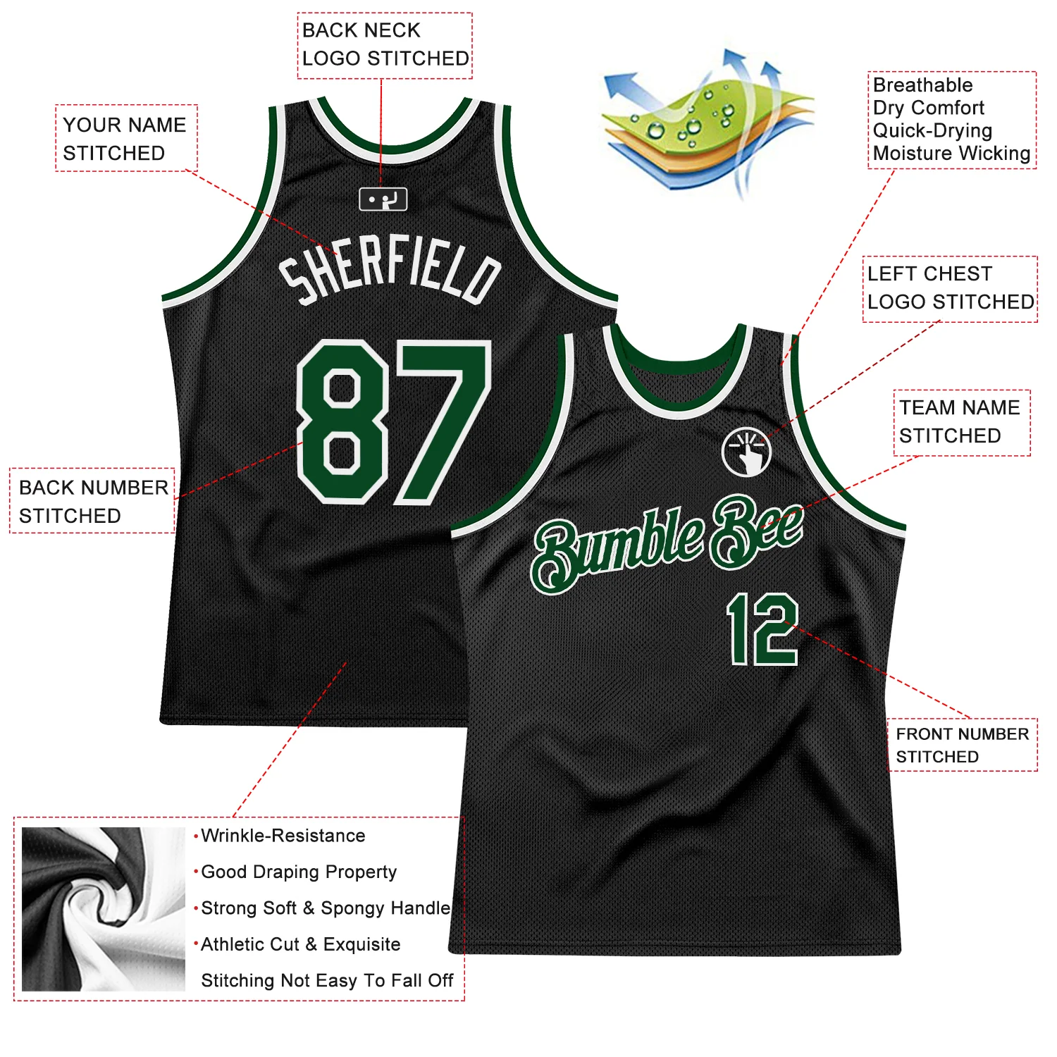 Custom Black Green-White Authentic Throwback Basketball Jersey - Image 2