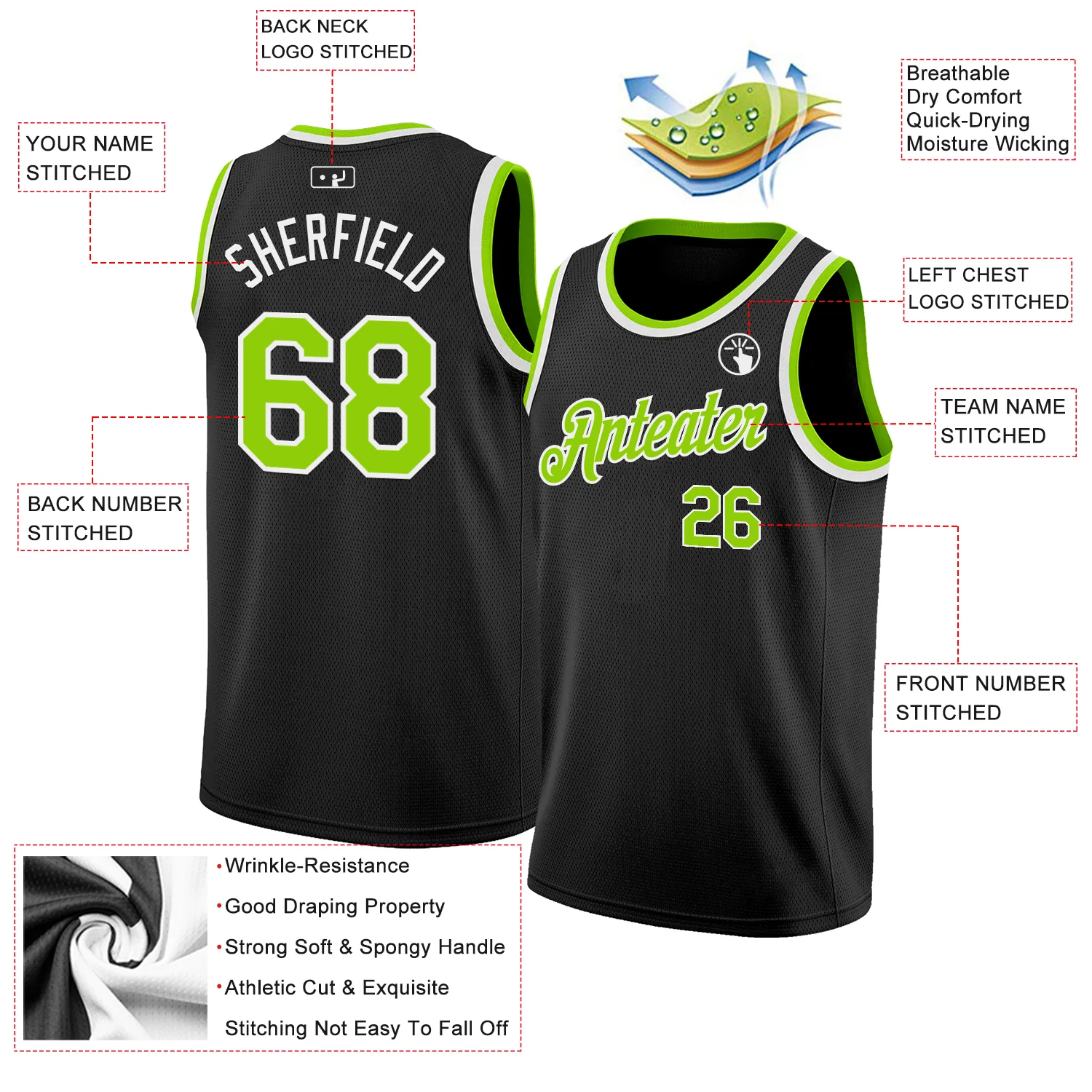 Custom Black Neon Green-White Authentic Basketball Jersey - Image 2
