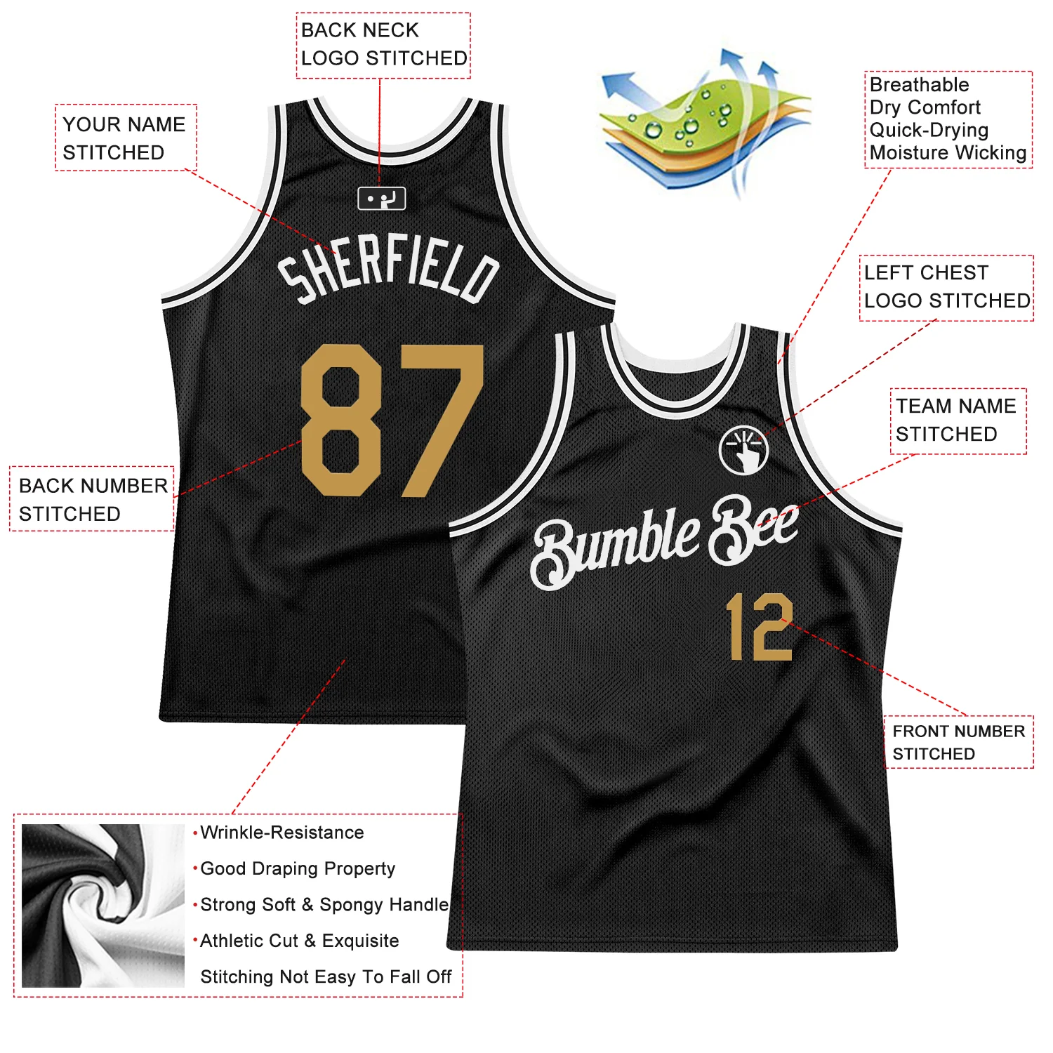 Custom Black Old Gold-White Authentic Throwback Basketball Jersey - Image 2