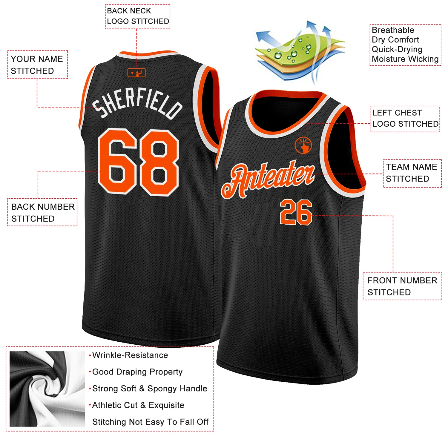 Custom Black Orange-White Authentic Basketball Jersey - Image 2
