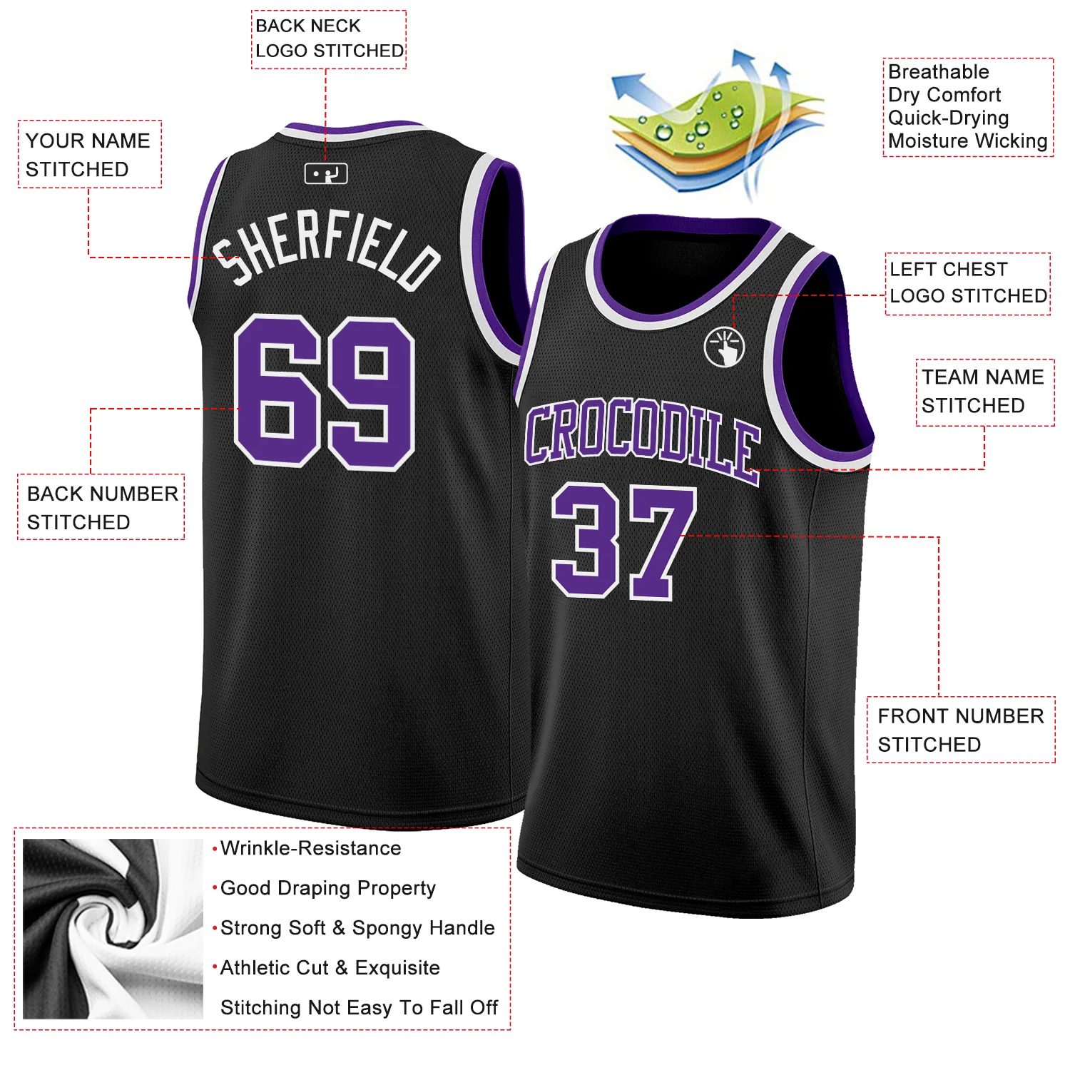 Custom Black Purple-White Authentic Basketball Jersey - Image 2