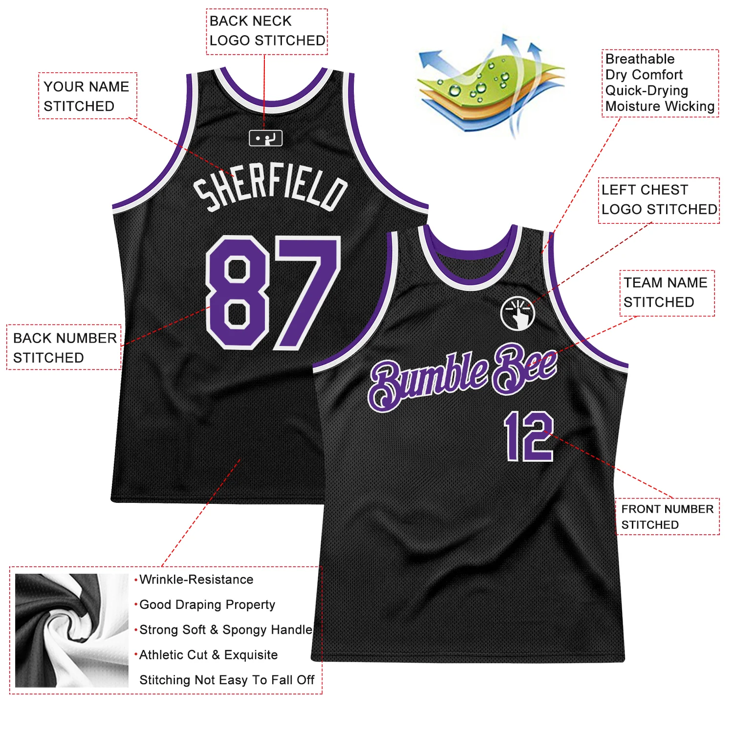 Custom Black Purple-White Authentic Throwback Basketball Jersey - Image 2