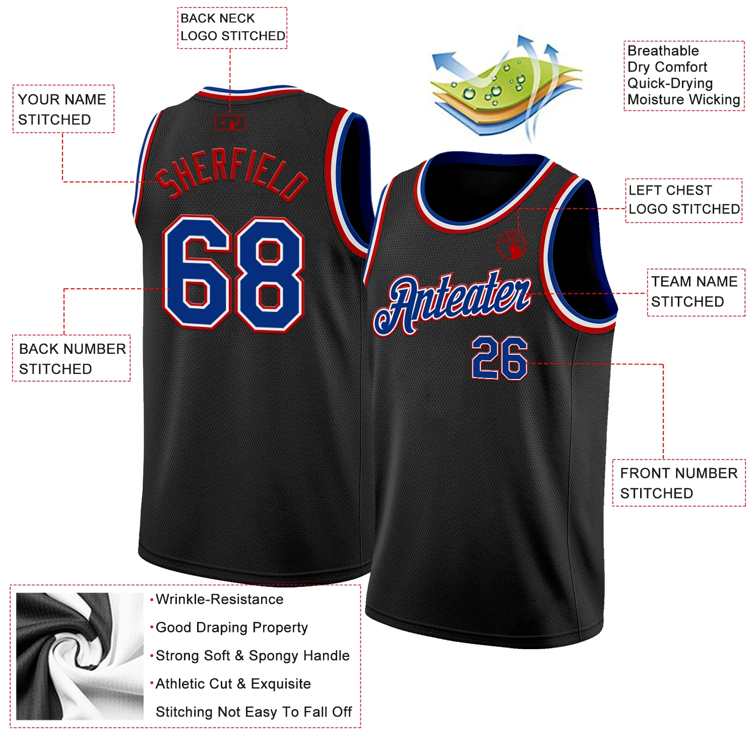 Custom Black Royal White-Red Authentic Basketball Jersey - Image 2