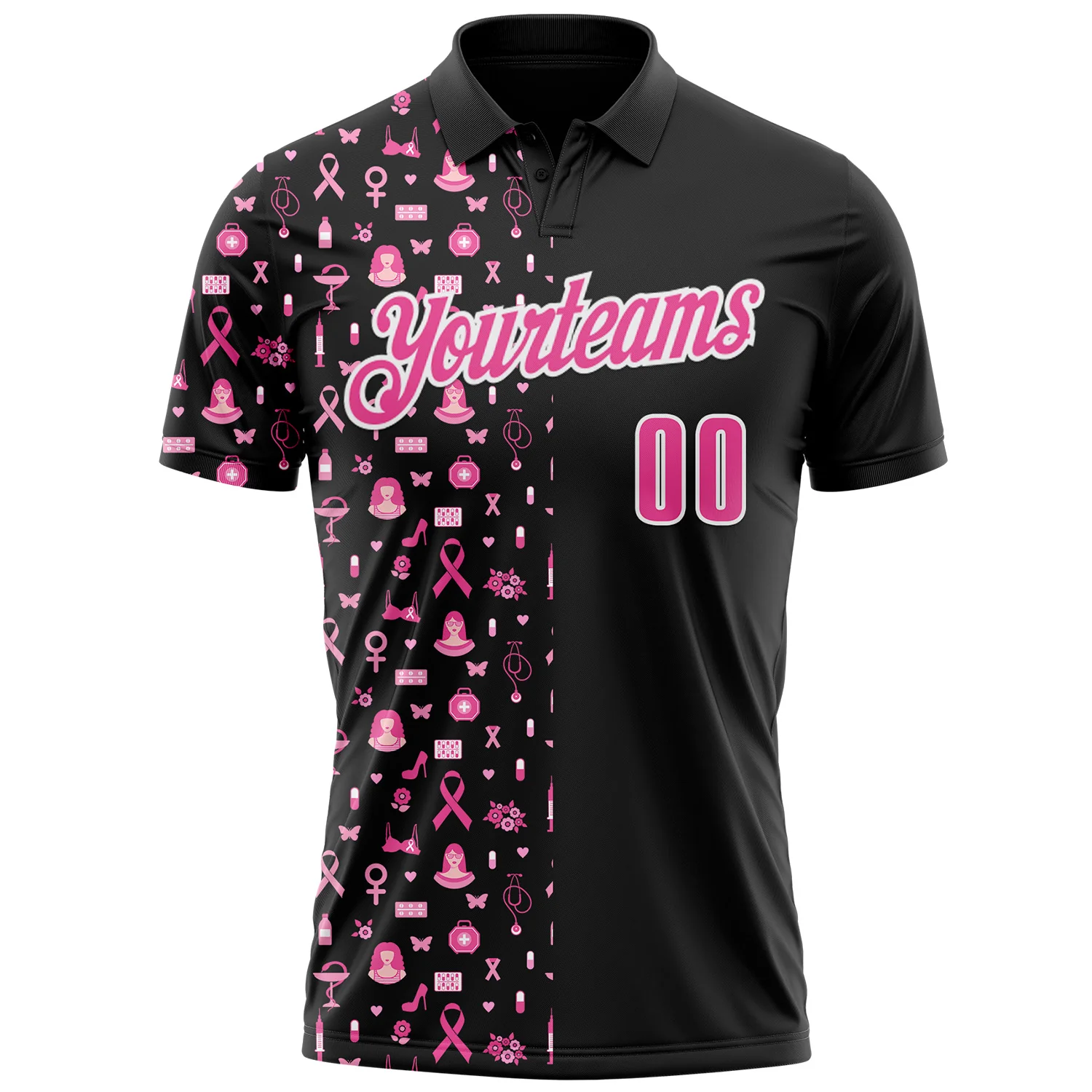 Custom Black Pink-White 3D Pink Ribbon Breast Cancer Awareness Month Women Health Care Support Performance Polo Shirt - Image 2