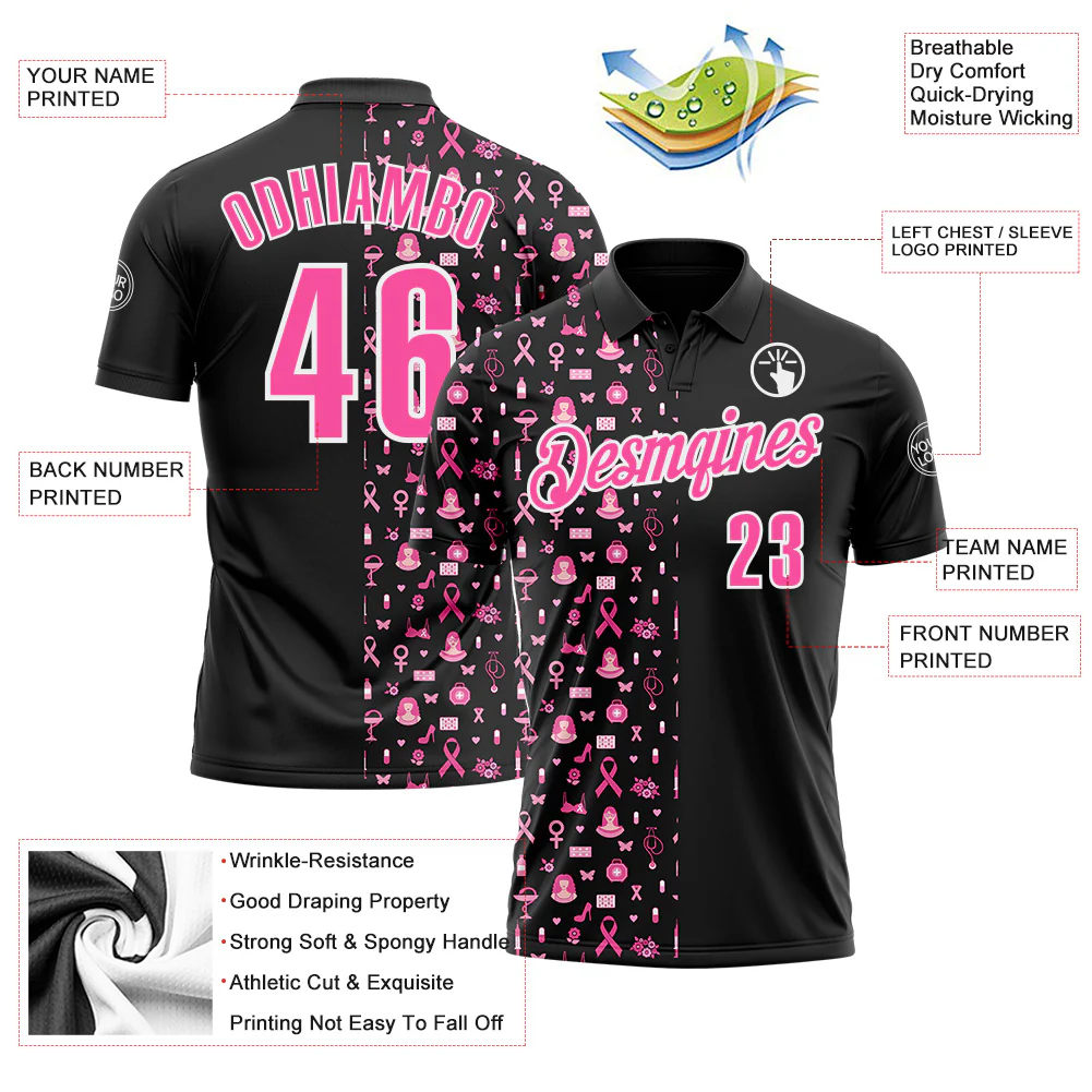Custom Black Pink-White 3D Pink Ribbon Breast Cancer Awareness Month Women Health Care Support Performance Polo Shirt - Image 3
