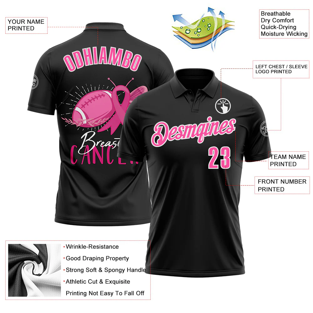 Custom Black Pink-White 3D Pink Ribbon Breast Cancer Awareness Month Women Health Care Support Footballl Performance Polo Shirt - Image 3